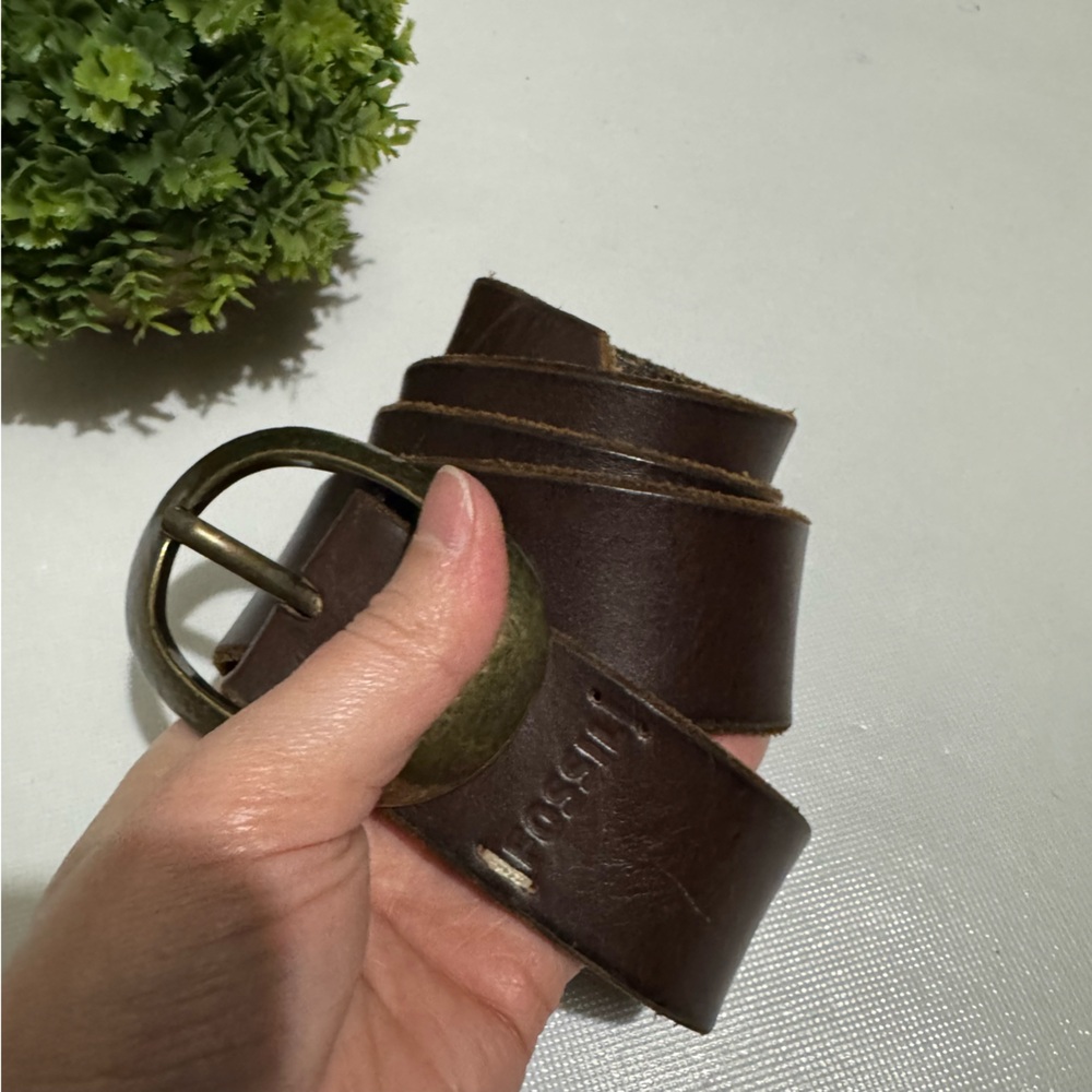 Fossil Vintage Brown Leather Belt Brass Buckle Mens Medium Boho‎ Hippie Festival